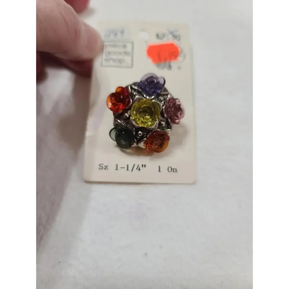VTG Piece Goods Shop Button Colorful Roses‎ Shank Back 1-1/4